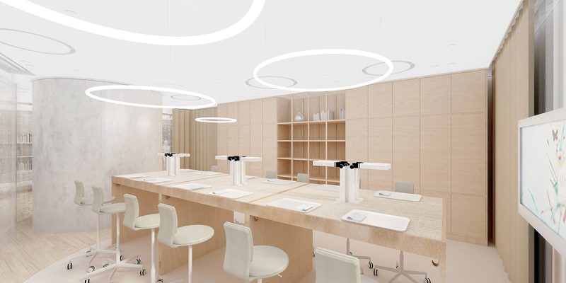 校舍由日本著名建築師藤本壯介 （Sou Fujimoto） 設計，運用各種幾何形狀與空間內自然光線的互相交織，精心構想了極具現代感的氛圍。學院將佔地兩層，設有教室、舉行工作坊和展覽的空間，還有一個專屬圖書館。