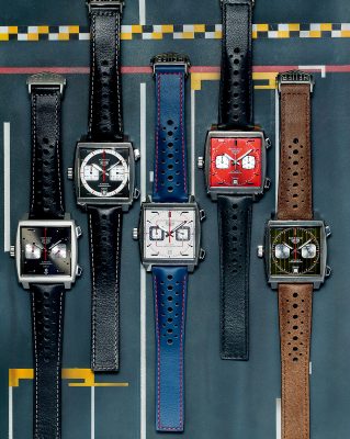 （由右至左） Monaco 1969–1979限量版腕錶 綠色錶盤配日內瓦條紋飾面及黑色鍍金小錶盤，指針和時標以棕色和黃色點綴，搭配棕色小牛皮錶帶，五月於Formula 1摩納哥大獎賽期間發表。 Monaco 1979–1989限量版腕錶 紅色錶盤配太陽放射紋裝飾，精緻磨砂鍍銠計時小錶盤、 拋光琢面時標、指針及時標以黑白色裝飾，配黑色小牛皮錶帶，六月在法國勒芒24小時耐力賽期間發佈。 Monaco 1989-1999限量版腕錶 灰色粒面鍍銠錶盤，藍色噴砂鍍銠計時器，指針和刻度上飾有紅色元素，配藍色小牛皮錶帶，七月時在紐約發表。 Monaco 1999–2009 限量版腕錶 以黑白色為主調，白色蛋白石小秒盤及分鐘計時盤在黑色背景之上份外奪目。而小時刻度、時針及分針以明亮的紅色及橙色裝飾，配穿孔黑色小牛皮錶帶，九月下旬在日本東京發表。 Monaco 2009–2019限量版腕錶 放射太陽紋深灰錶盤點綴黑色鍍金時標，小錶盤指針、中央秒針及錶盤12時位置的時標皆採用大膽的紅色，配黑色小牛皮錶帶，十月底於上海壓軸現身。