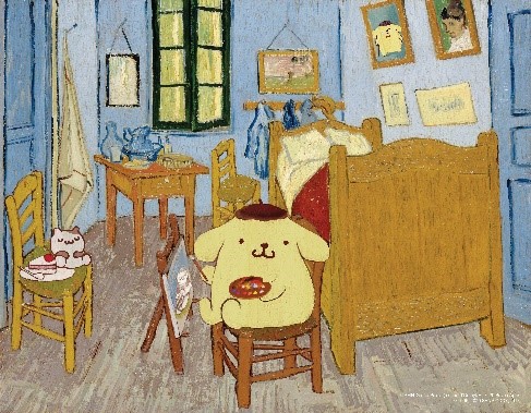 La chambre de Van Gogh à Arles梵高的房間：這是梵高描繪自己在法國小鎮阿爾勒的居住房間，簡樸的木製家具配置，充滿細節的構圖似可一窺畫家內心世界。 一直夢想成為畫家的Pompompurin，當他成為了「名作」的一部份時，房間與畫家大師梵高的又有什麼不一樣?