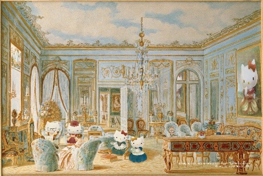 Le Salon de l'Impératrice Eugénie à Saint-Cloud avec la Reine Victoria et le prince Albert 歐仁妮皇后的沙龍：是一幅特別的畫作，由尚．巴提斯．傅尼耶所創作。1855年英國維多利亞女王和阿爾伯特親王，接受法國拿破崙三世邀請訪問法國，下榻於巴黎西邊的聖克勞德城堡。畫中可見室內家具等均以法國皇家品味佈置，左下方可見到阿爾伯特親王閱讀報紙，女王正在觀覽拿破崙三世的肖像，點出畫作的緣由。 是次創作和諧地加入了Hello Kitty一家與阿爾伯特親王及女王共享下午茶的快樂時光。牆上的Hello Kitty肖像畫展現出Kitty優雅的姿態。
